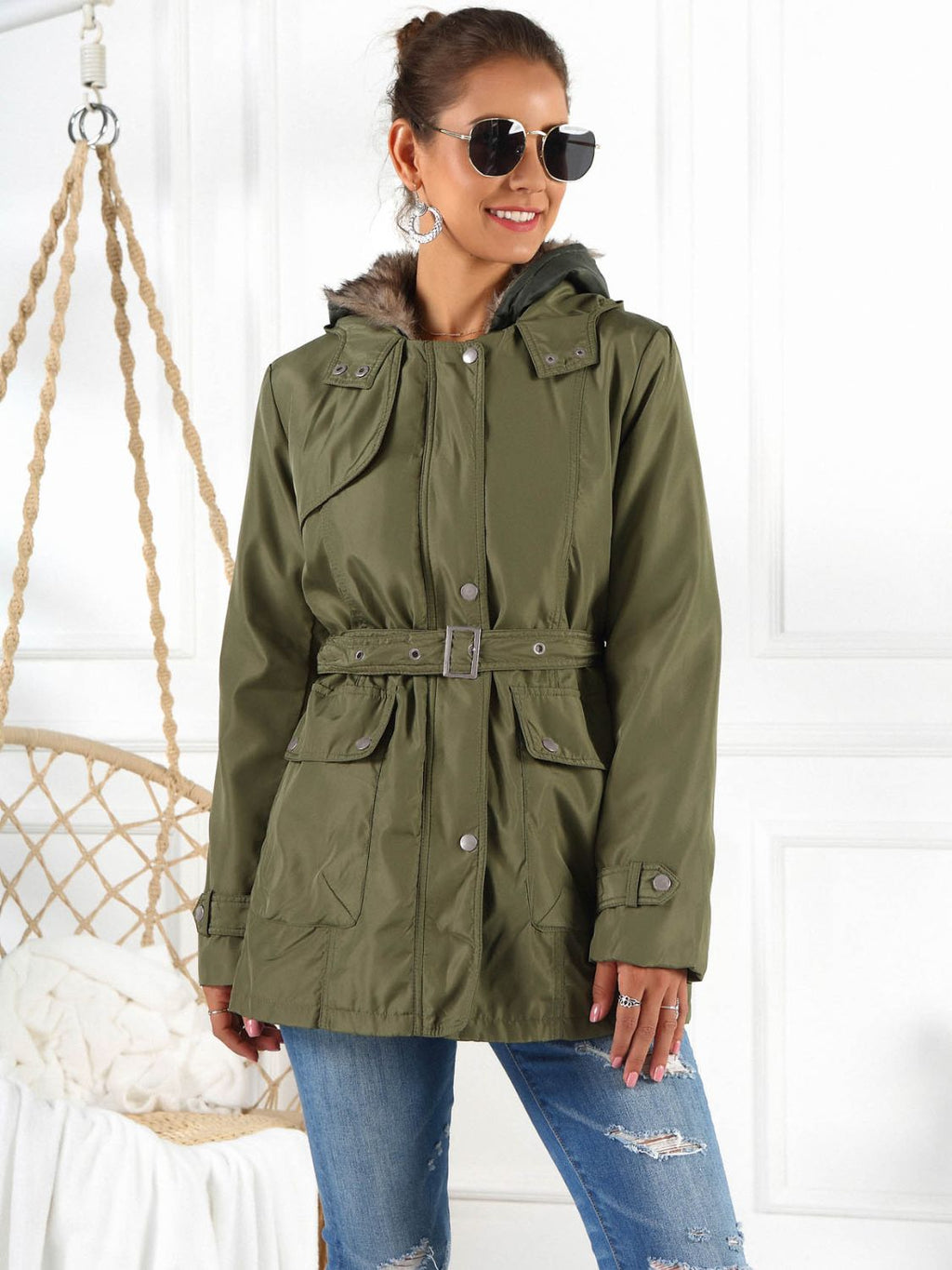Jerry's Apparel Women Jackets Army Green / S Full Size Hooded Jacket with Detachable Liner (Three-Way Wear)