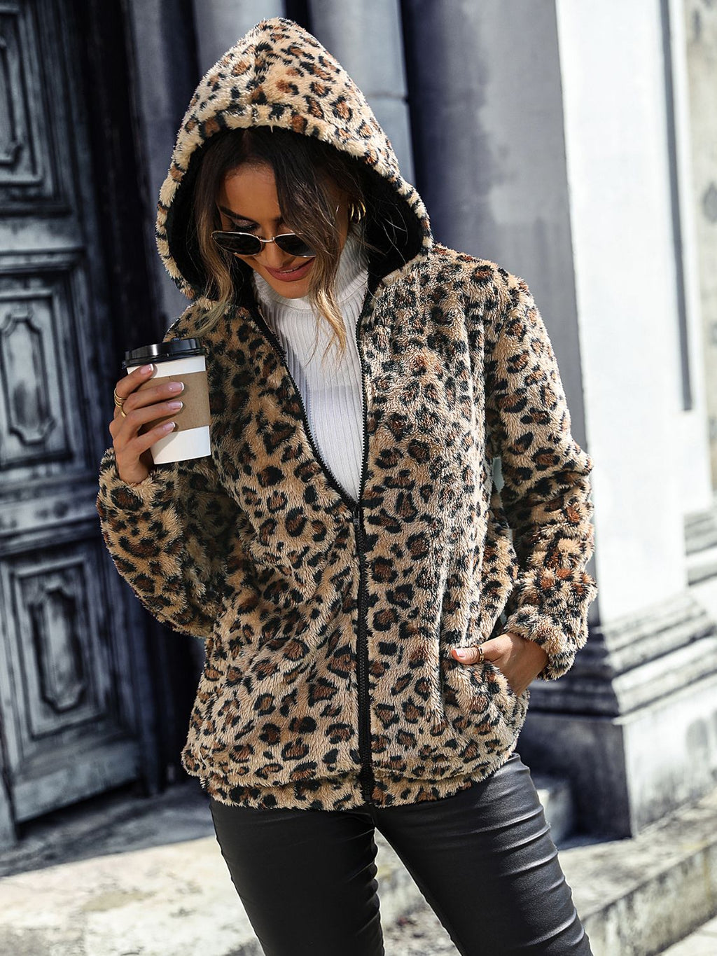 Jerry's Apparel Women Jackets Camel / S Leopard Zip-Up Hooded Jacket