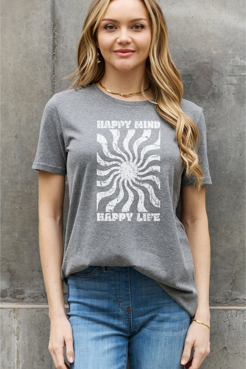 Jerry's Apparel Women Plus Size T-shirt Full Size HAPPY MIND HAPPY LIFE Graphic Cotton Tee
