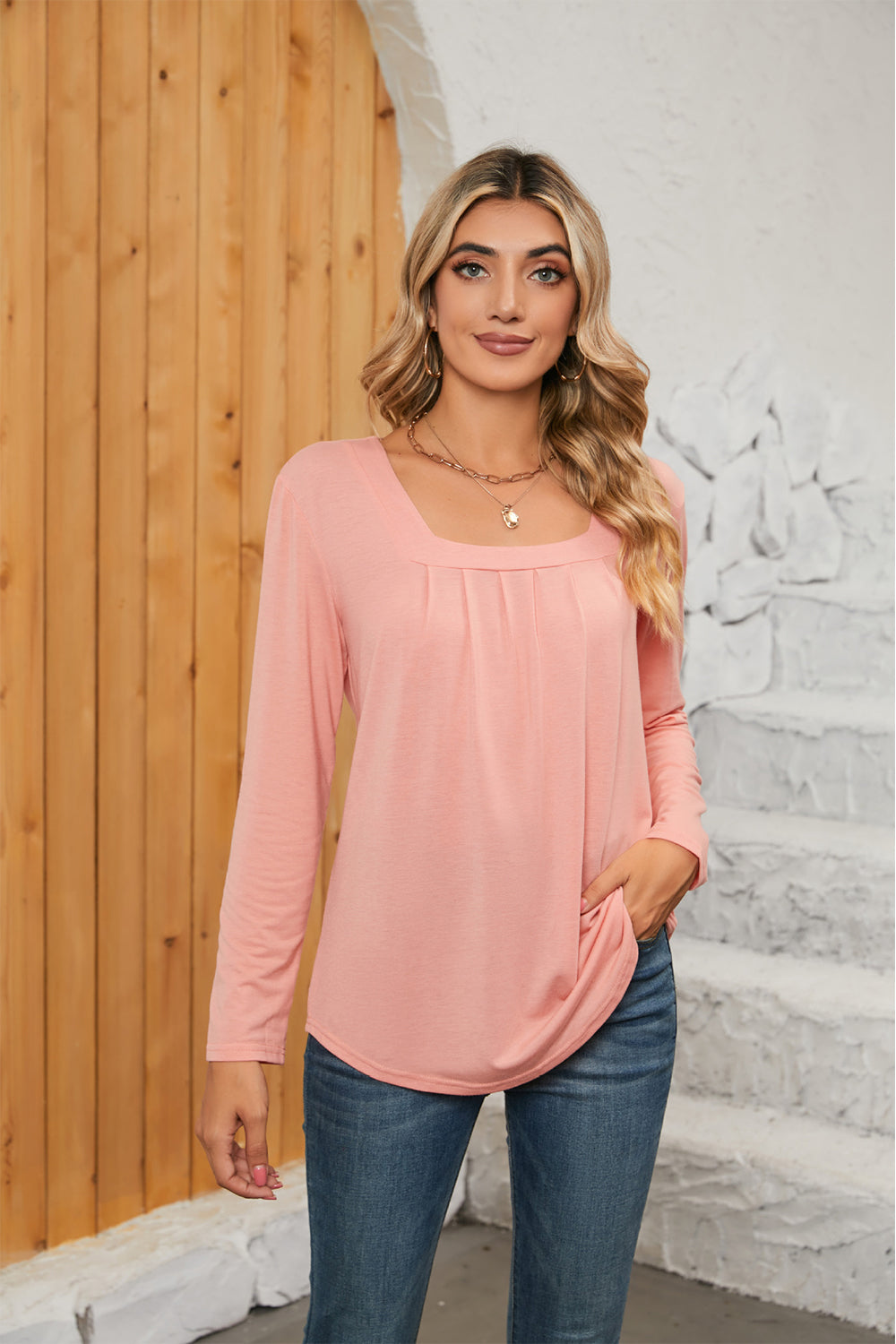 Jerry's Apparel Women's Long Sleeve T-shirts Blush Pink / S Square Neck Long Sleeve T-Shirt