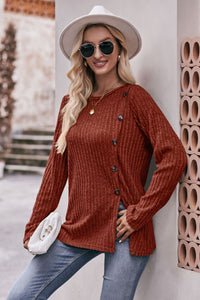 Double Take Ribbed Round Neck Buttoned Tee