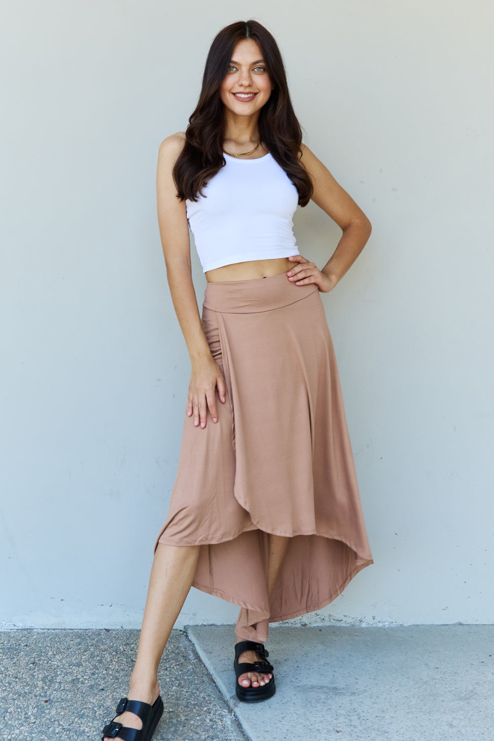 Ninexis High Waisted Flare Maxi Skirt in Camel
