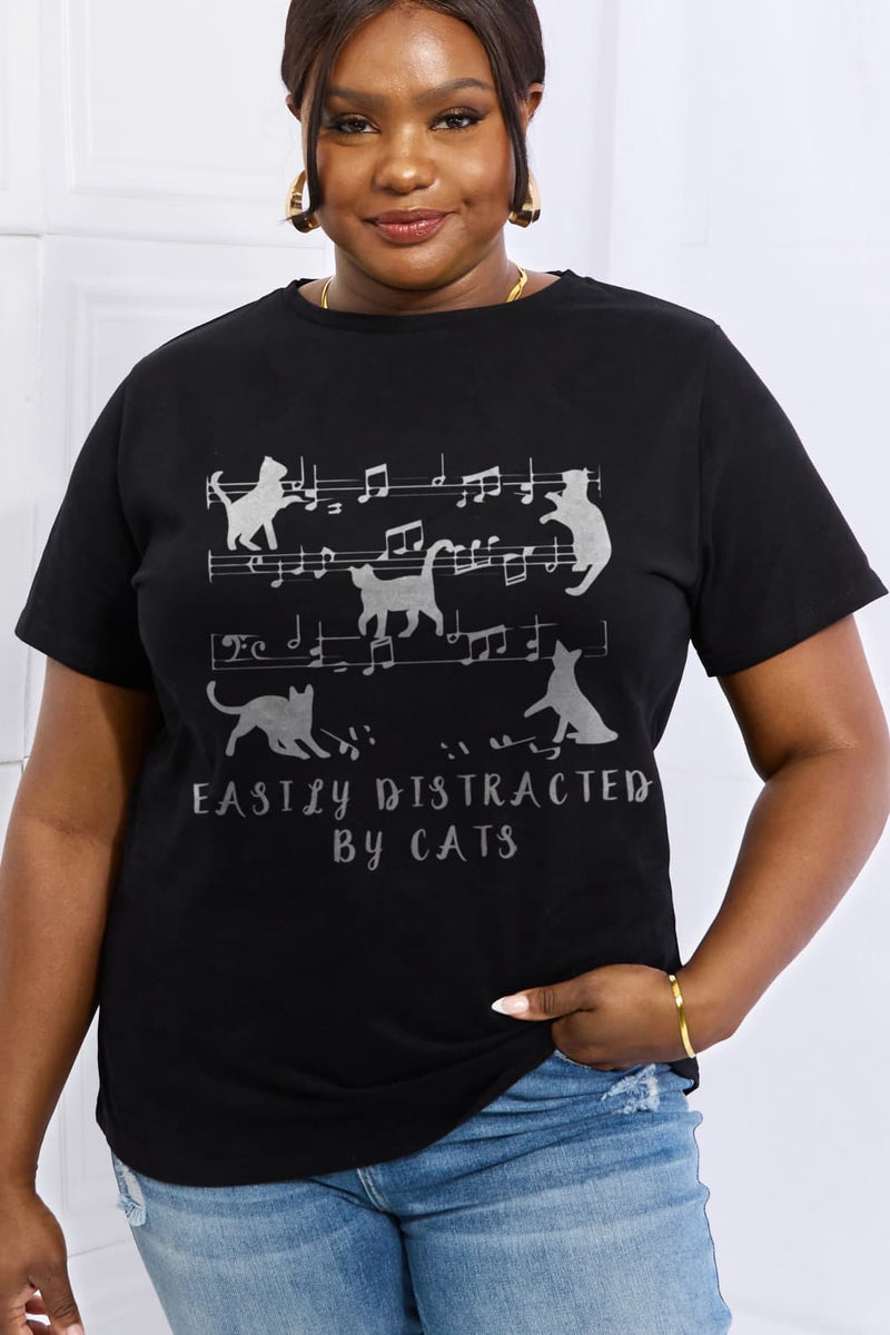 Simply Love Graphic T-shirts Black / S Full Size EASILY DISTRACTED BY CATS Graphic Cotton Tee