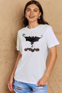 Full Size Bat & Pumpkin Graphic Cotton T-Shirt