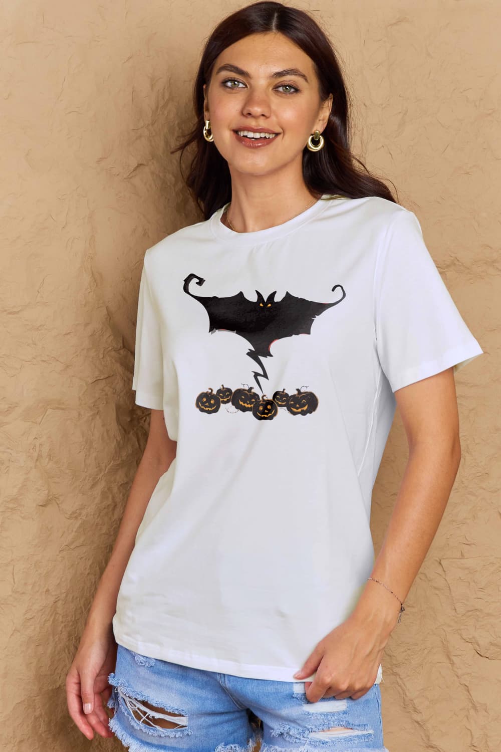 Simply Love Graphic T-shirts Bleach / S Full Size Bat & Pumpkin Graphic Cotton T-Shirt