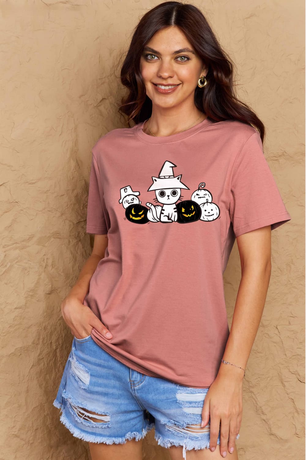 Simply Love Graphic T-shirts Dusty Pink / S Full Size Cat & Pumpkin Graphic Cotton T-Shirt