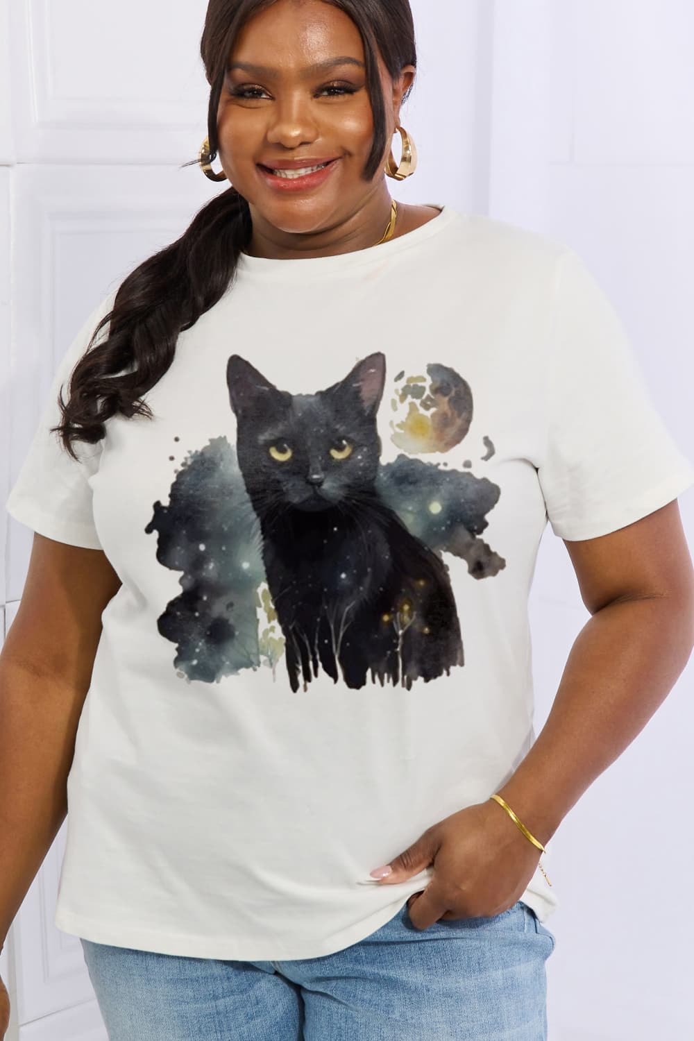 Simply Love Graphic T-shirts Full Size Black Cat Graphic Cotton Tee