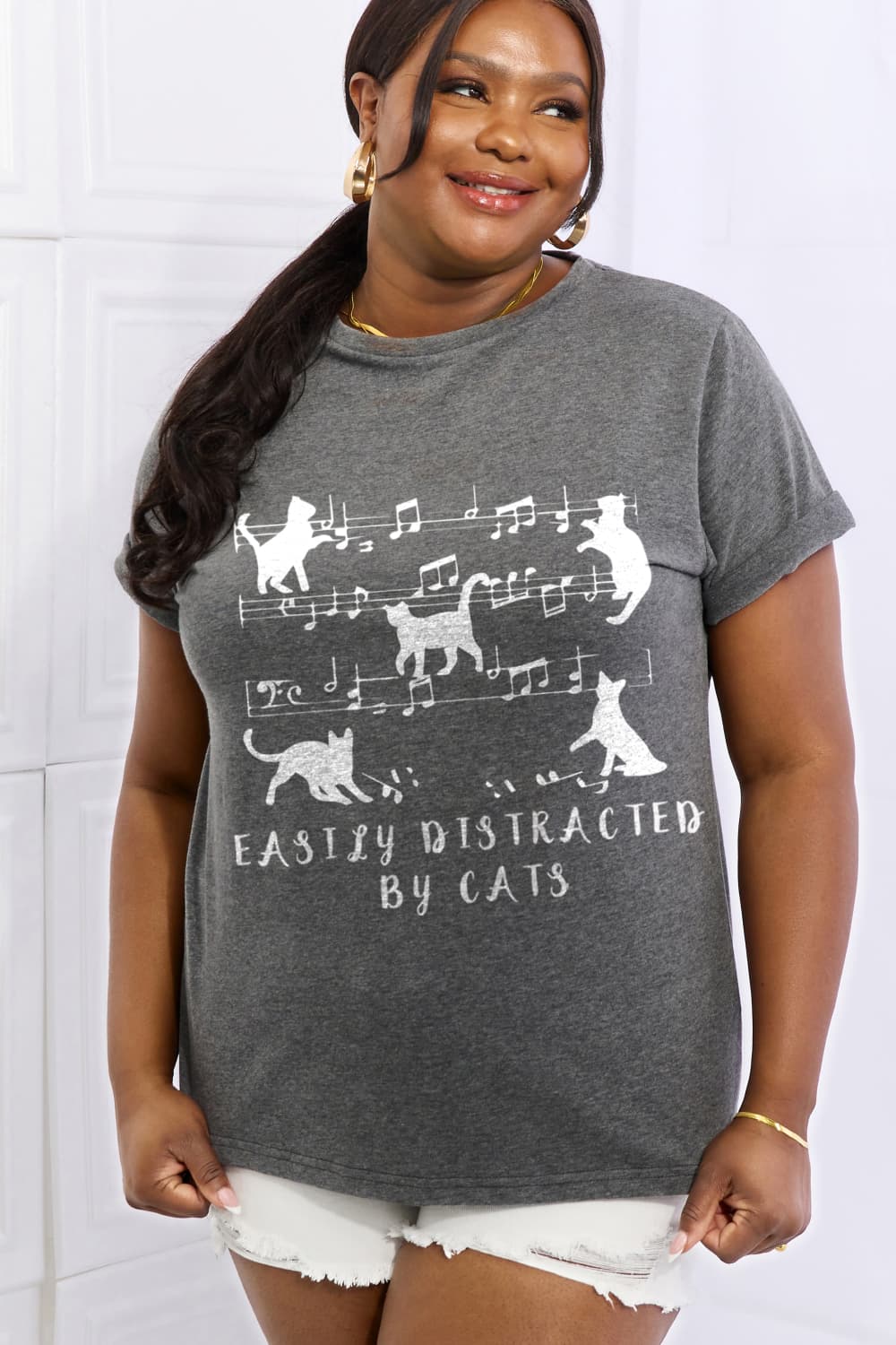 Full Size EASILY DISTRACTED BY CATS Graphic Cotton Tee