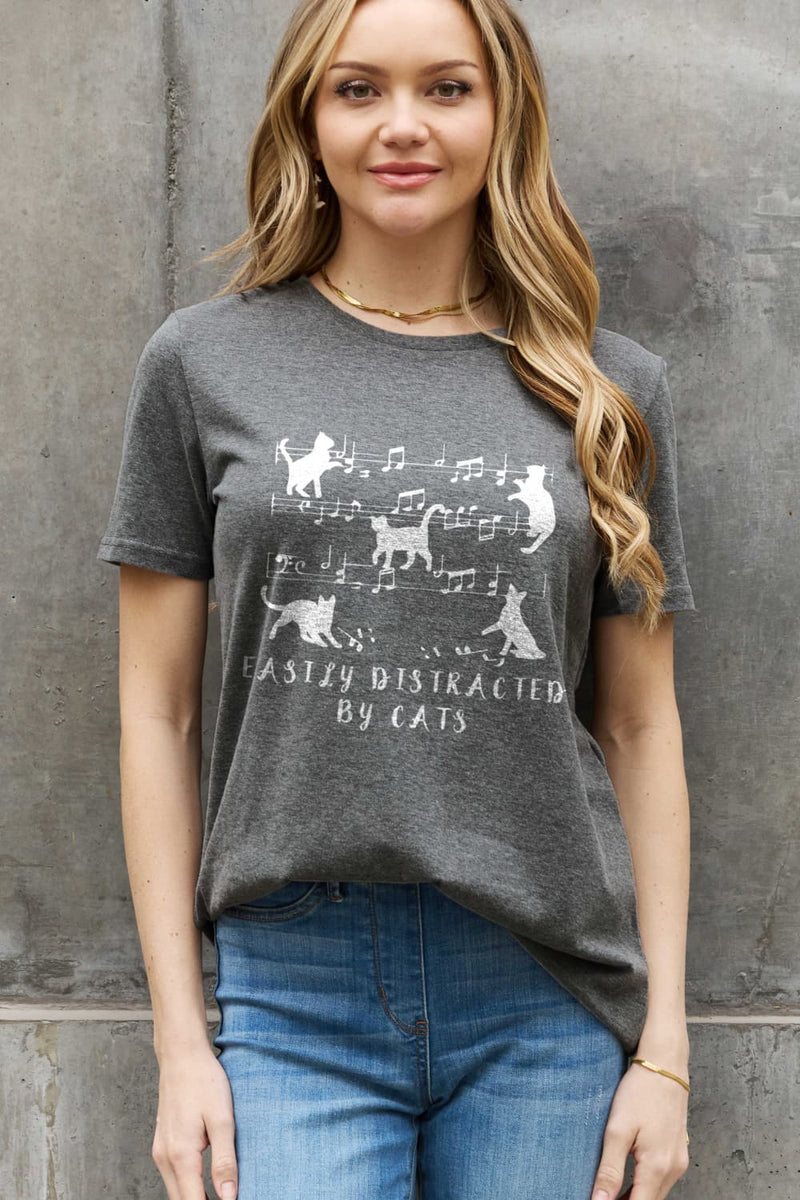 Simply Love Graphic T-shirts Full Size EASILY DISTRACTED BY CATS Graphic Cotton Tee