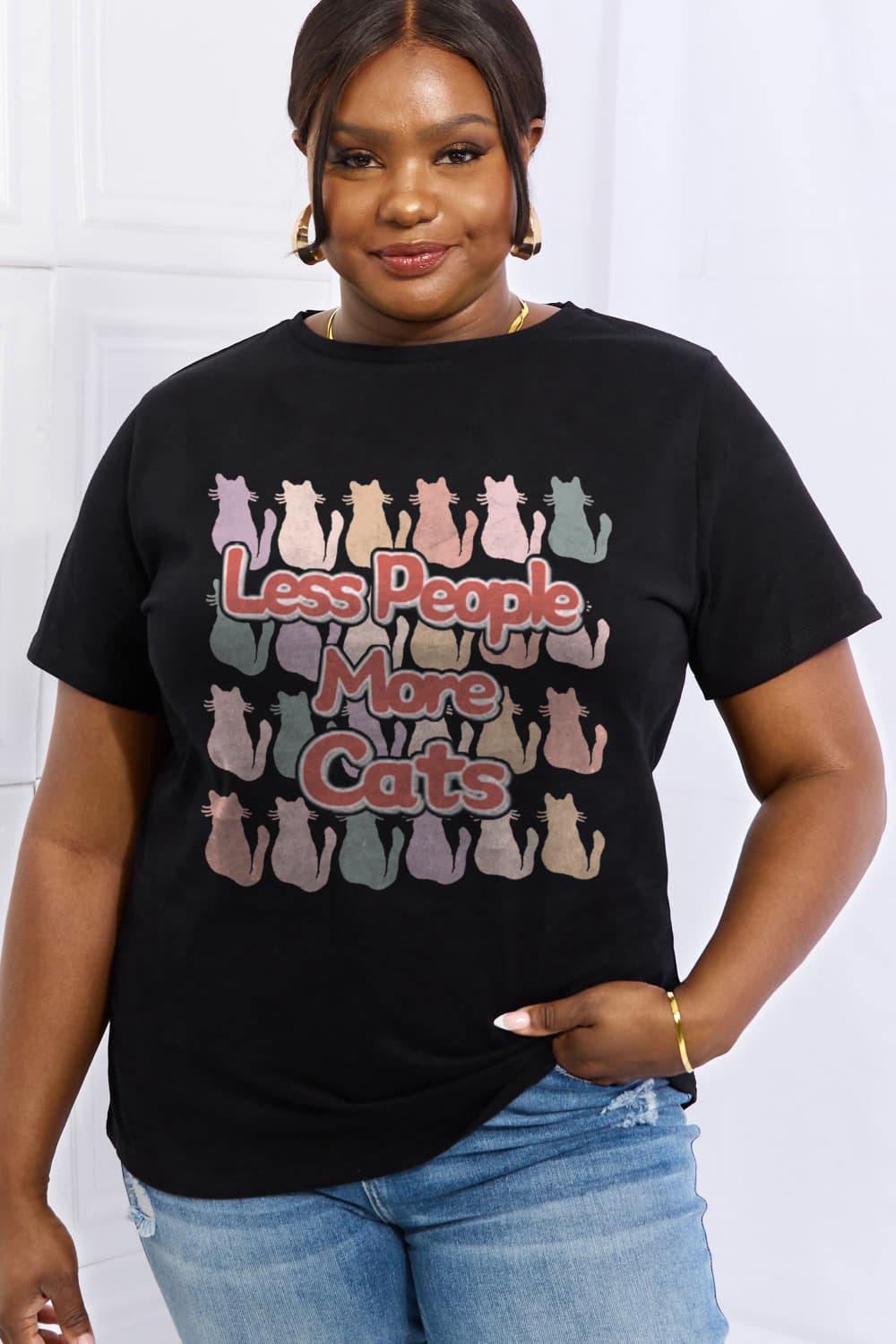 Full Size LESS PEOPLE MORE CATS Graphic Cotton Tee