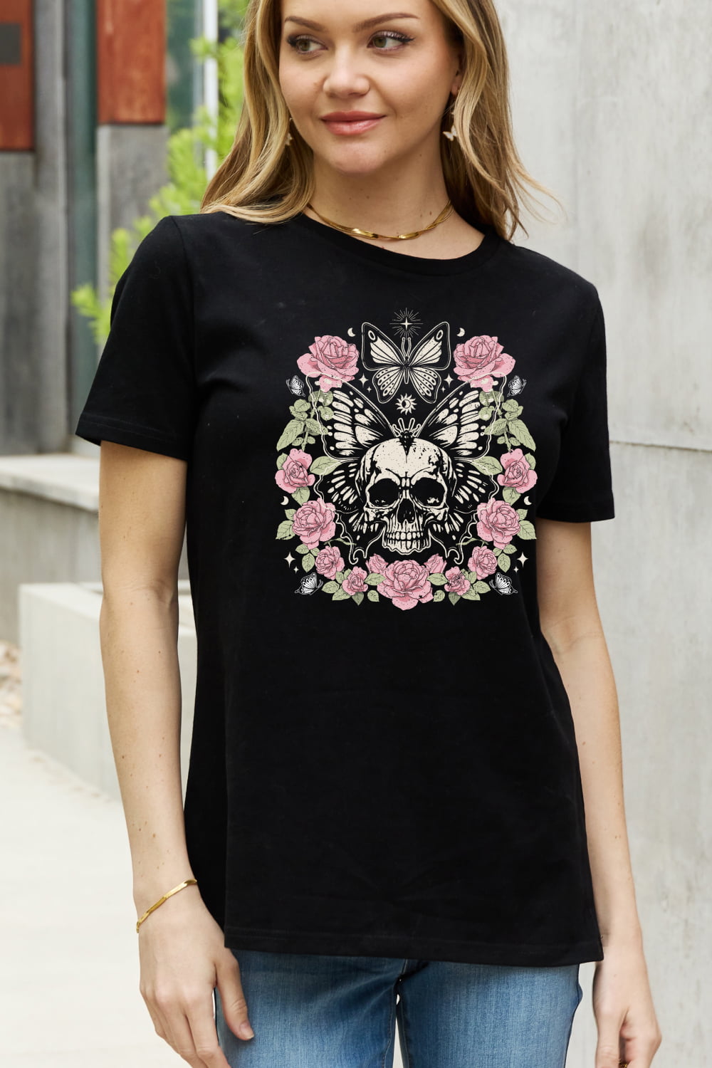 Full Size Skull & Butterfly Graphic Cotton Tee