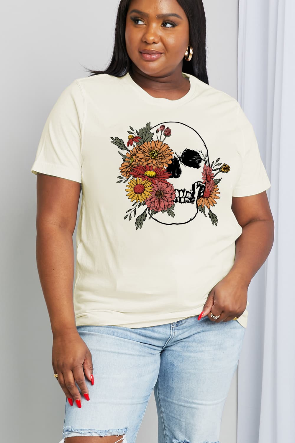 Simply Love Graphic T-shirts Ivory / S Full Size Flower Skull Graphic Cotton Tee