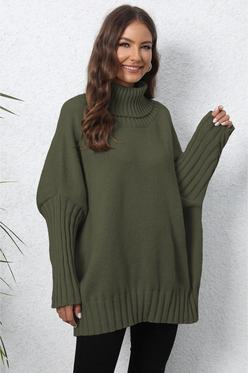 Trendsi Army Green / One Size Turtle Neck Long Sleeve Ribbed Sweater