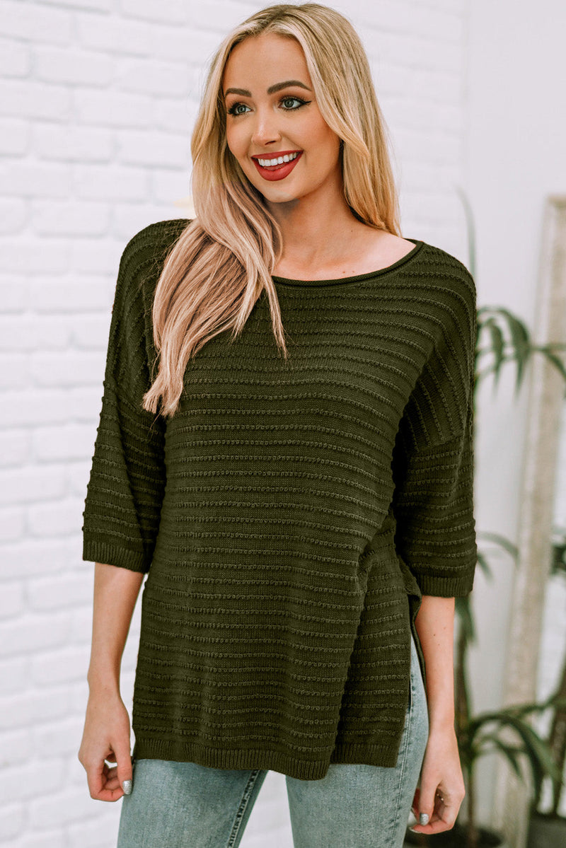 Trendsi Army Green / S Round Neck Dropped Shoulder Side Slit Pullover Sweater