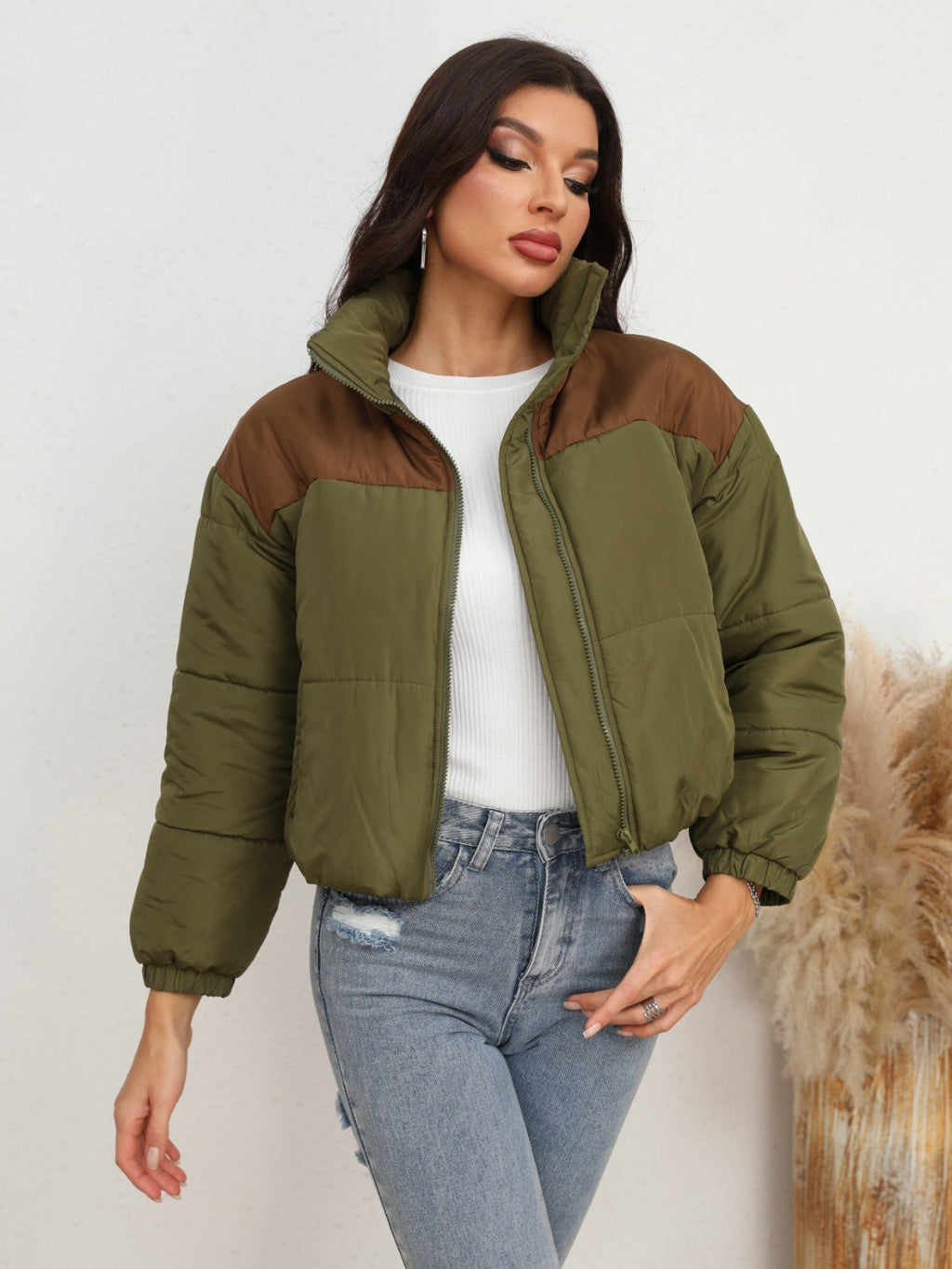 Trendsi Army Green / S Two-Tone Zip-Up Puffer Jacket
