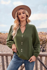 Trendsi Army Green / S V-Neck Balloon Sleeve Button-Up Blouse