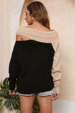Trendsi Asymmetrical Long Sleeve Two-Tone Cutout Sweater