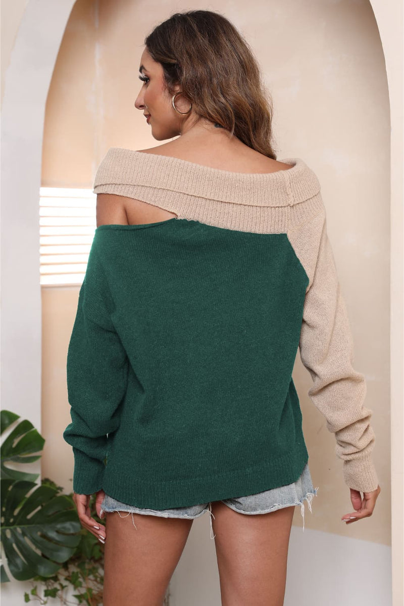 Trendsi Asymmetrical Long Sleeve Two-Tone Cutout Sweater