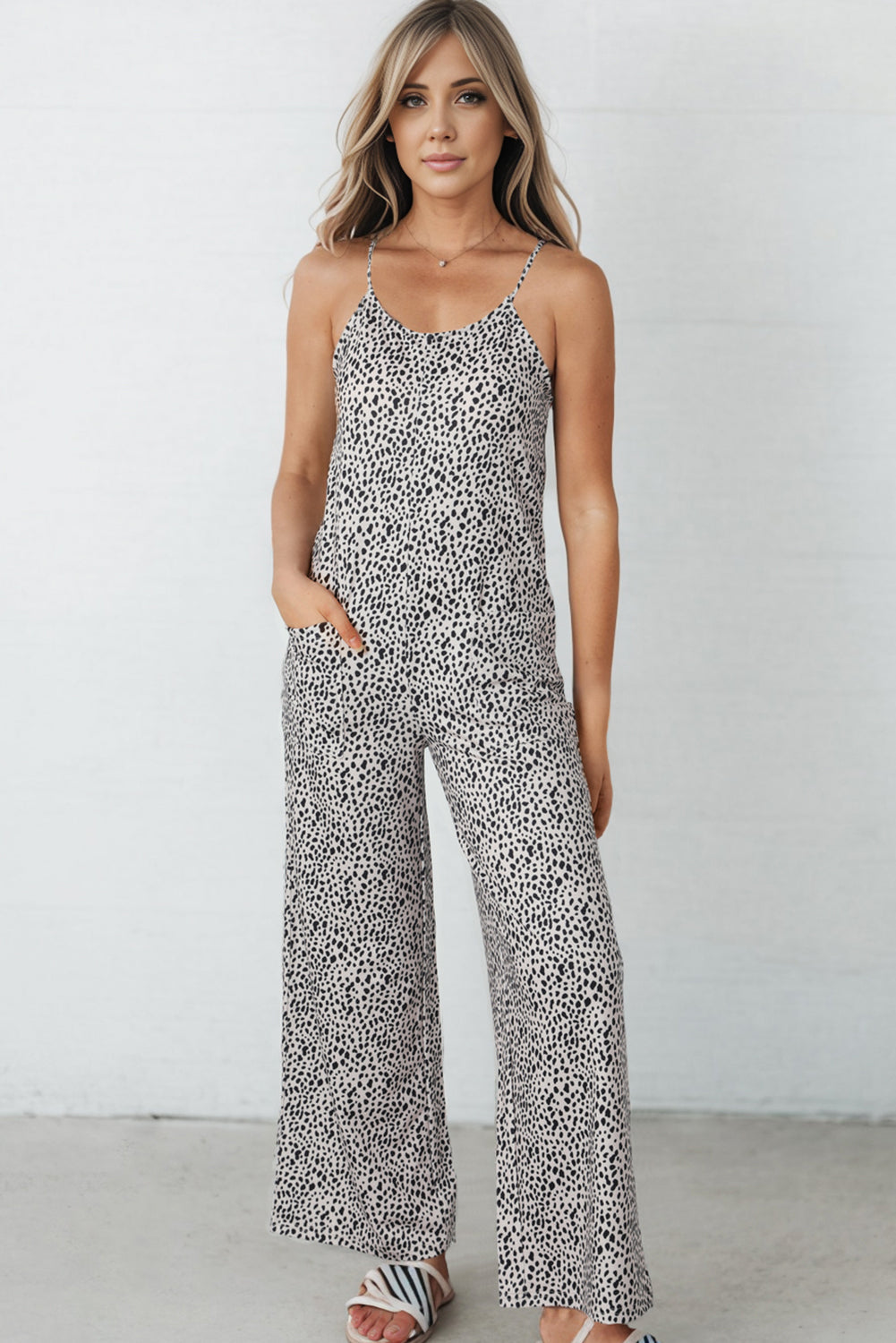 Trendsi Beige / S Printed Spaghetti Strap Jumpsuit with Pockets