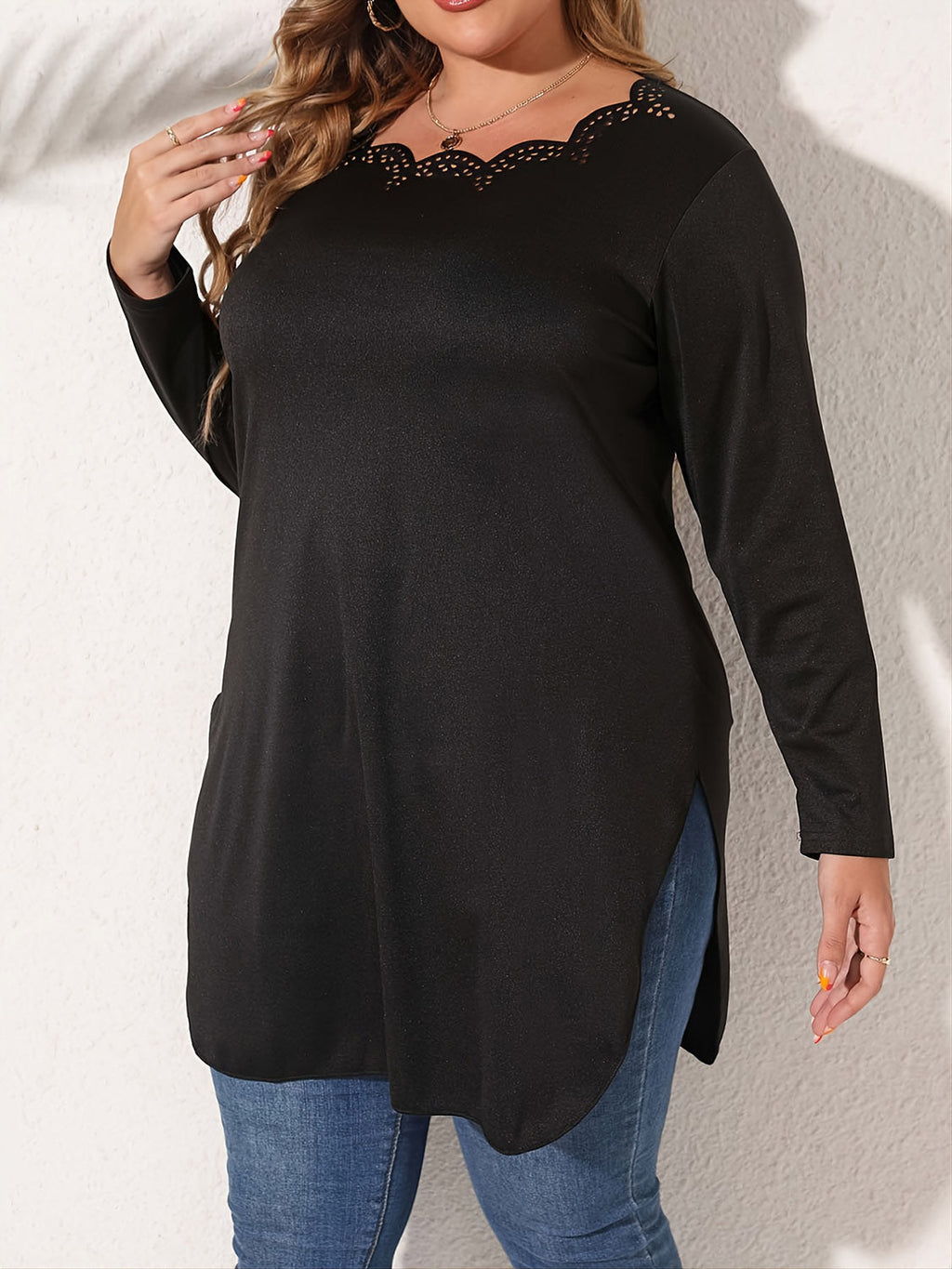 Trendsi Black / 1XL Plus Size Slit Long Sleeve T-Shirt