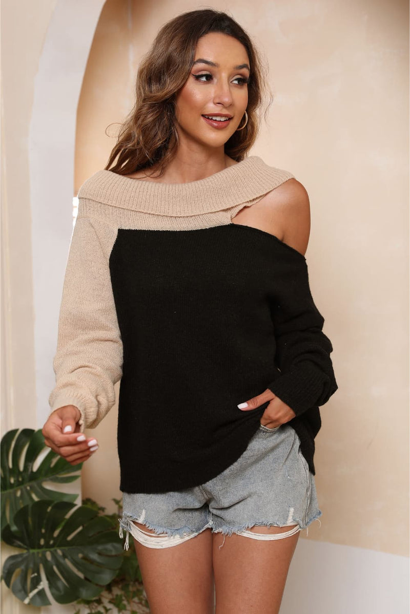 Trendsi Black / S Asymmetrical Long Sleeve Two-Tone Cutout Sweater
