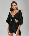 Trendsi Black / S Cutout Puff Sleeve Top and Shorts Set