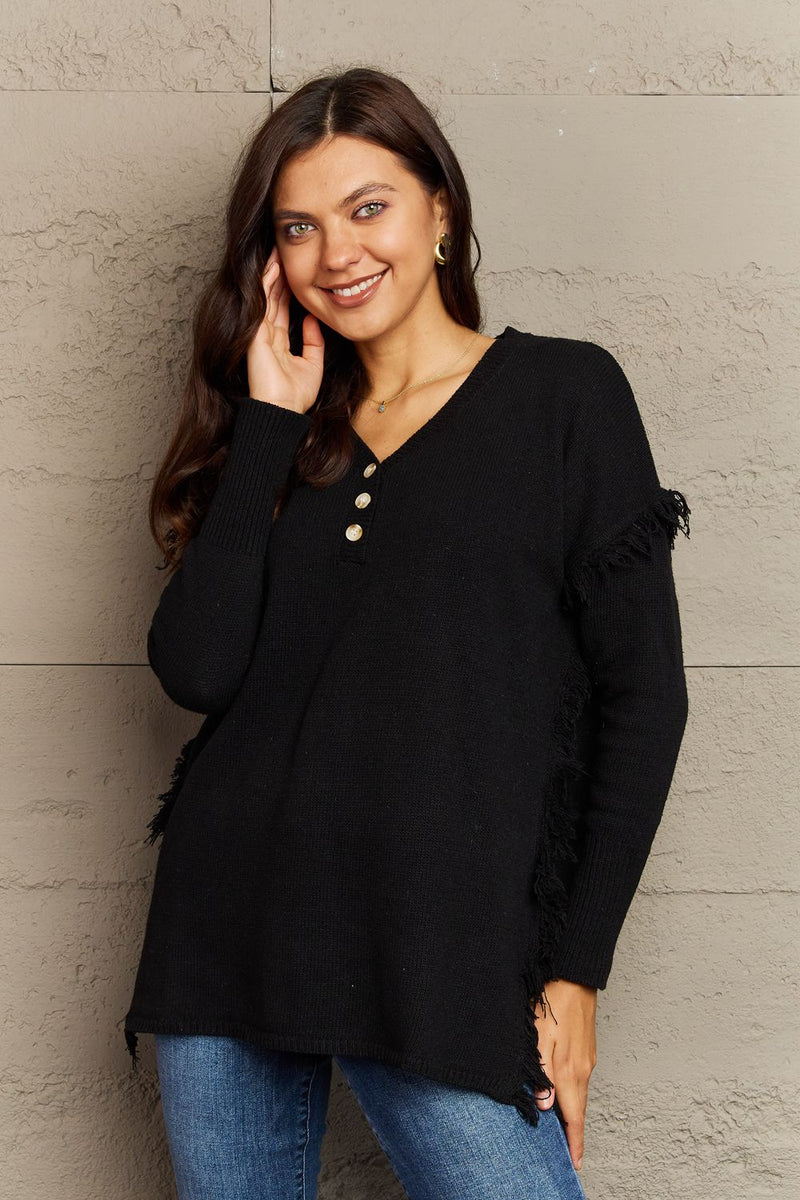Full Size Buttoned Dropped Shoulder Raw Hem Pullover Sweater