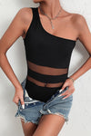 Trendsi Black / S Open Back One-Shoulder Spliced Mesh Bodysuit
