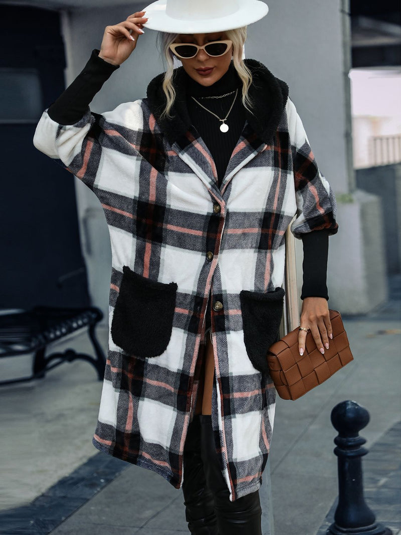 Plaid Button Down Jacket Hooded Coat