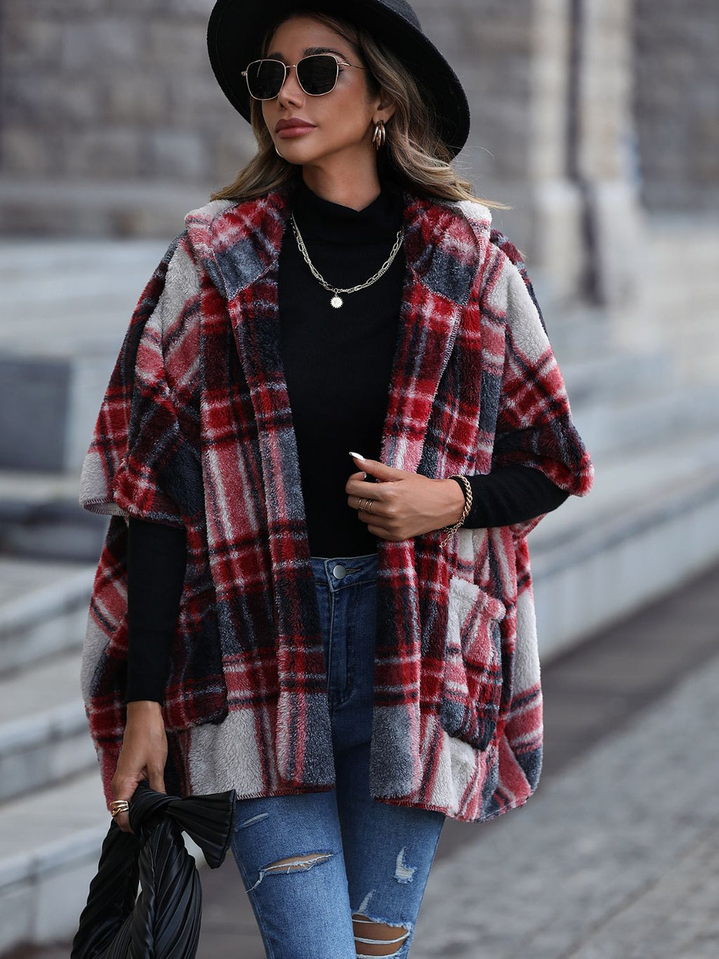 Trendsi Black / S Plaid Hooded Coat with Pockets