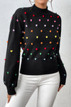 Trendsi Black / S Pom-Pom Trim Mock Neck Long Sleeve Pullover Sweater