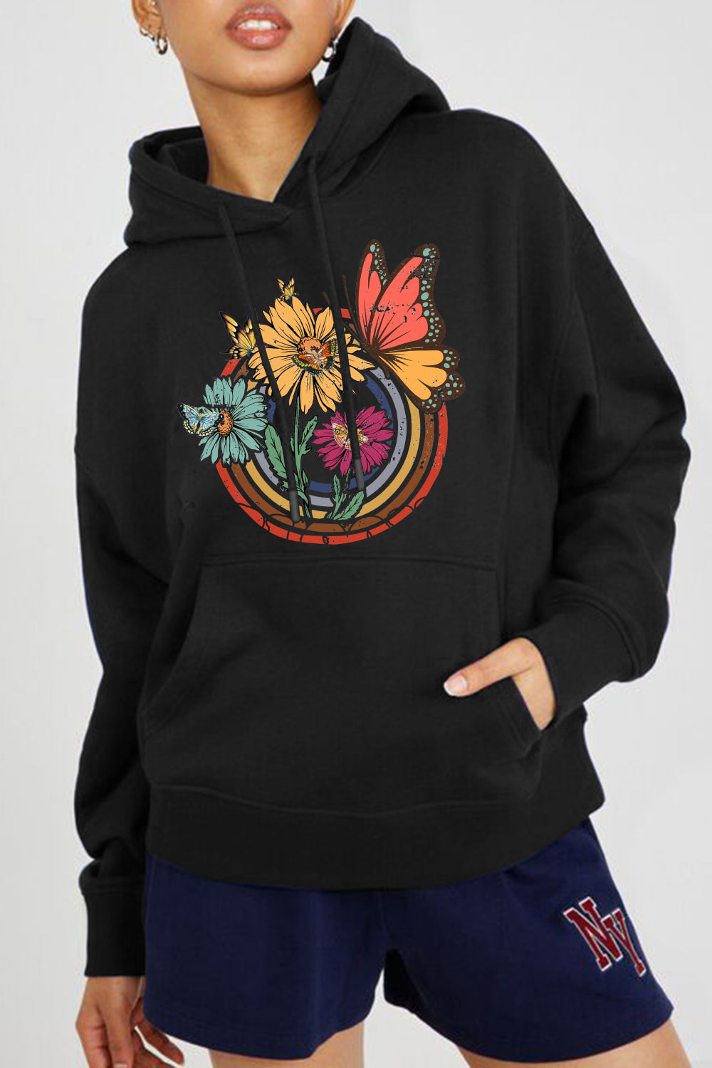 Trendsi Black / S Simply Love Full Size Butterfly and Flower Graphic Hoodie