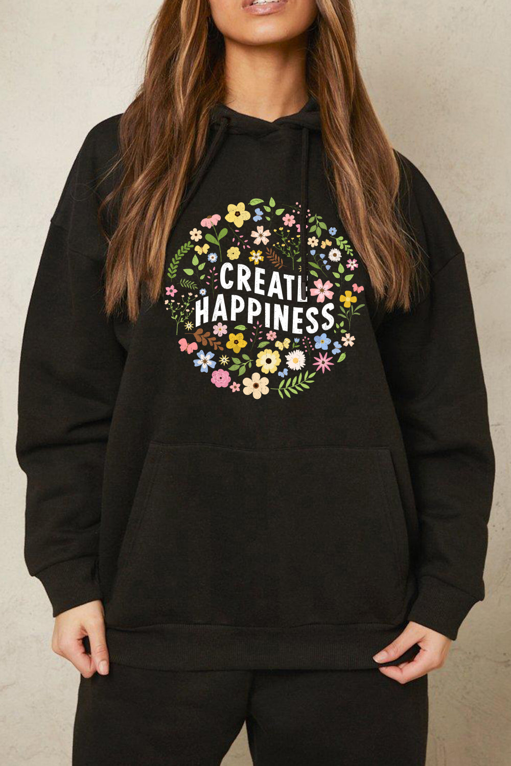 Trendsi Black / S Simply Love Full Size CREATE HAPPINESS Graphic Hoodie