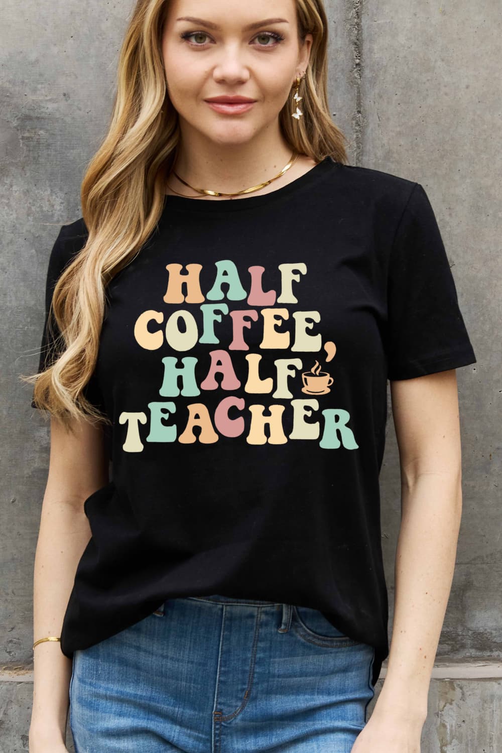 Trendsi Black / S Simply Love Full Size HALF COFFEE HALF TEACHER Graphic Cotton Tee