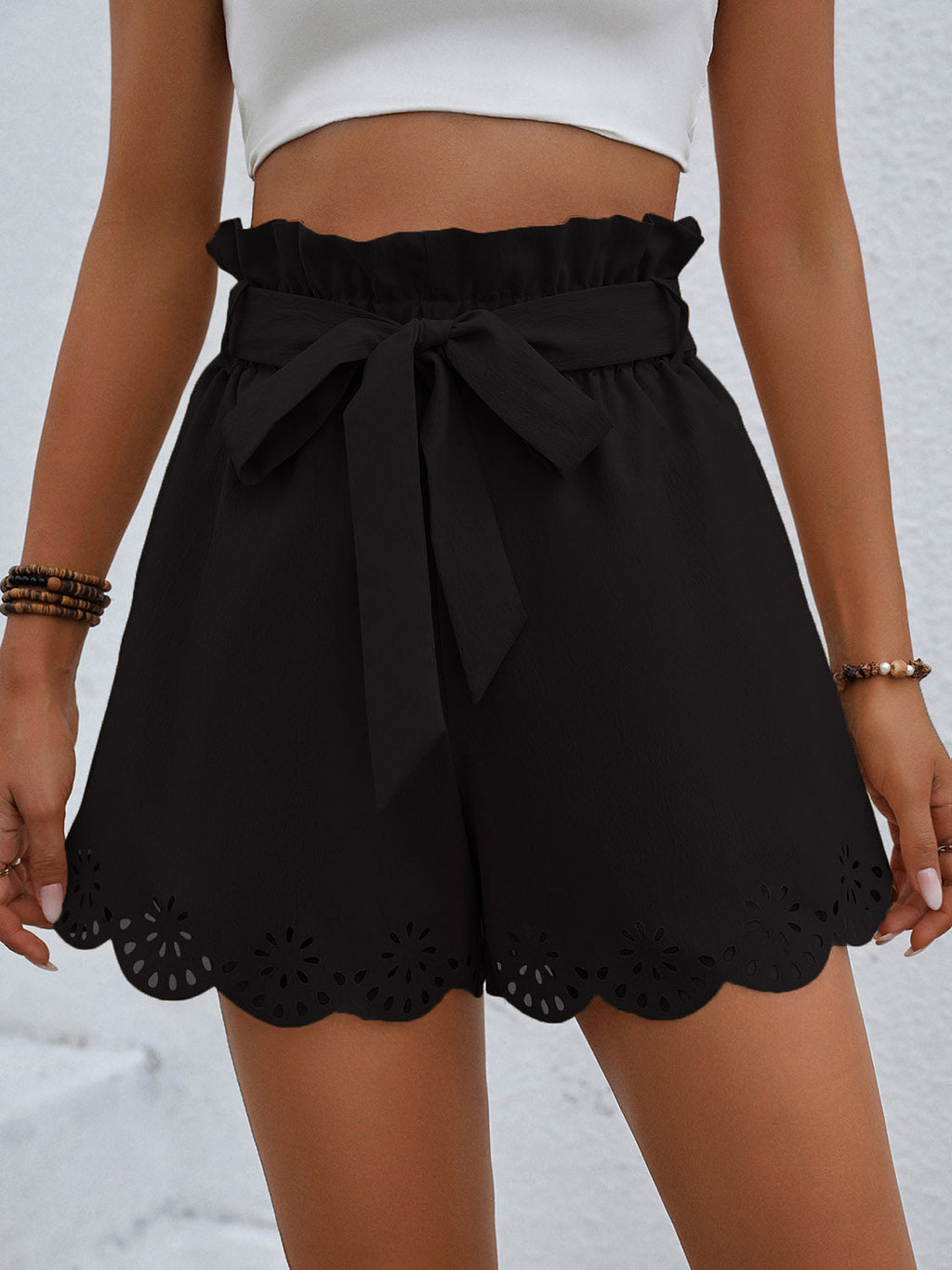 Trendsi Black / S Tie Belt Paperbag Waist Shorts