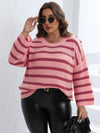 Trendsi Blush Pink / 0XL Plus Size Striped Dropped Shoulder Sweater