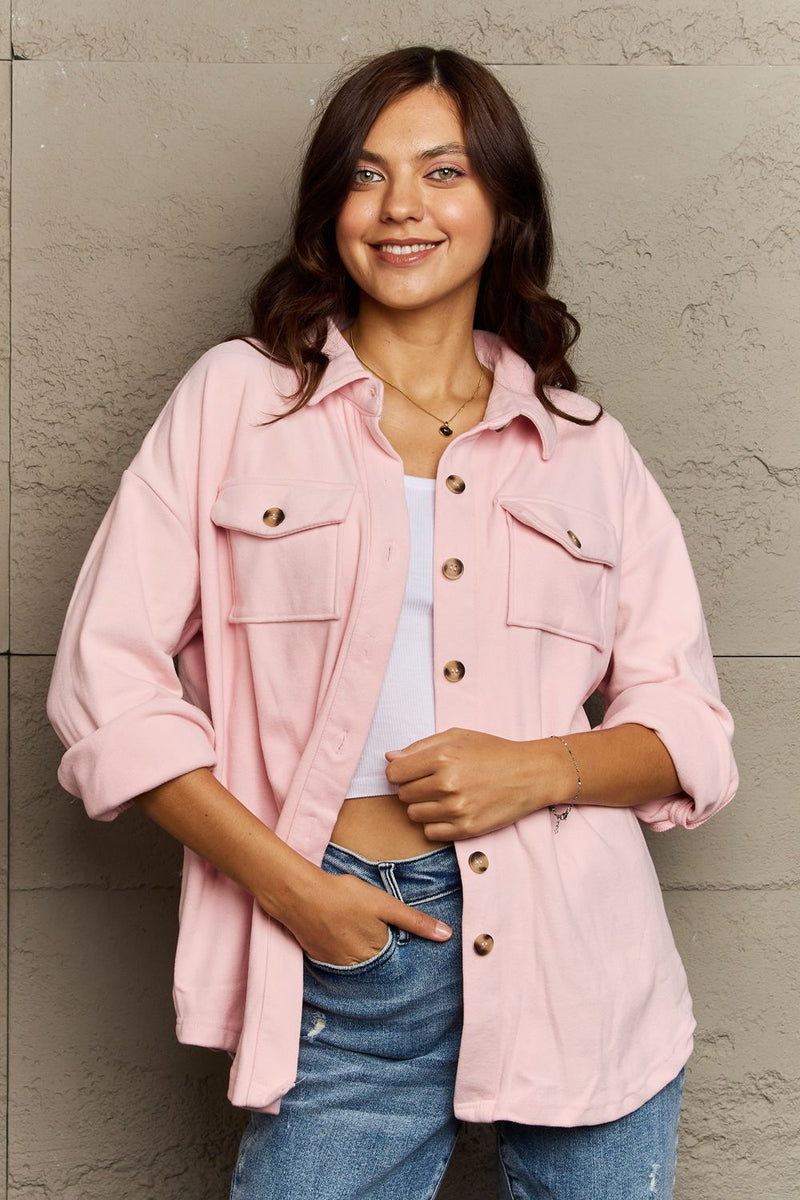 Trendsi Blush Pink / S Ninexis Collared Neck Buttoned Front Pocket Jacket