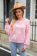 Trendsi Blush Pink / S Printed Round Neck Long Sleeve Fuzzy Sweater