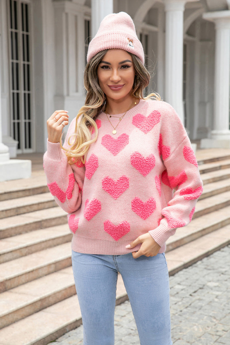 Trendsi Blush Pink / S Round Neck Dropped Shoulder Sweater with Heart Pattern