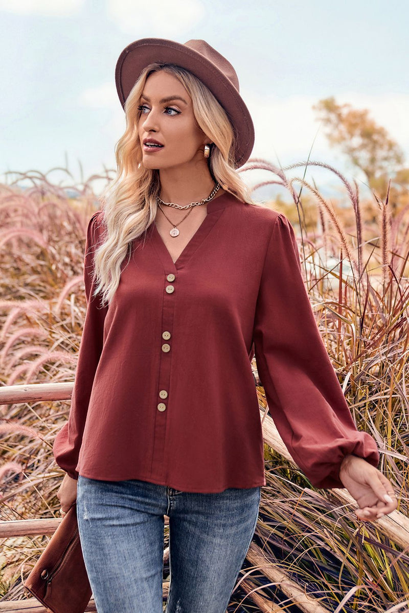 Trendsi Brick Red / S V-Neck Balloon Sleeve Button-Up Blouse