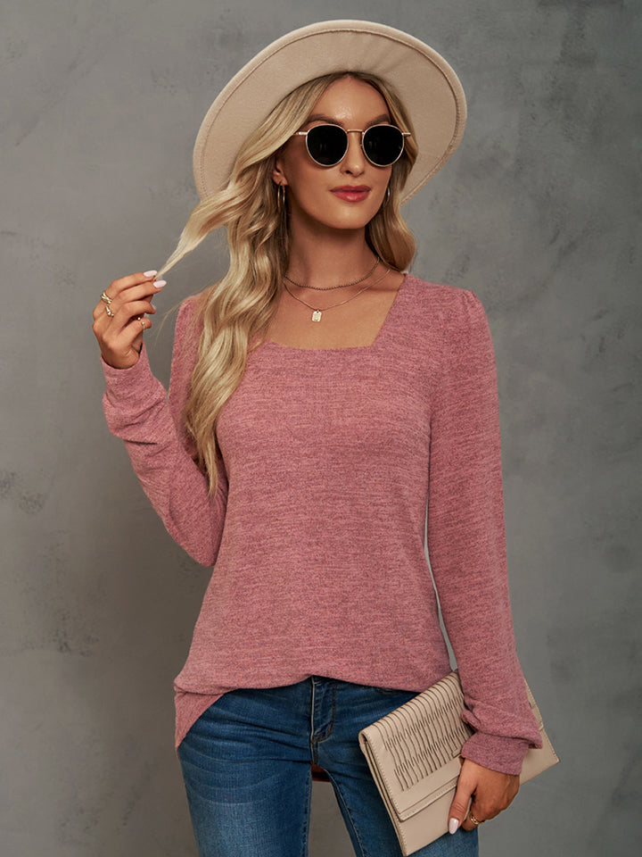 Trendsi Burnt Coral / S Heathered Square Neck Long Sleeve T-Shirt