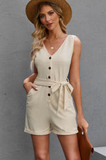 Trendsi Button Front Belted Sleeveless Romper