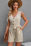 Trendsi Button Front Belted Sleeveless Romper