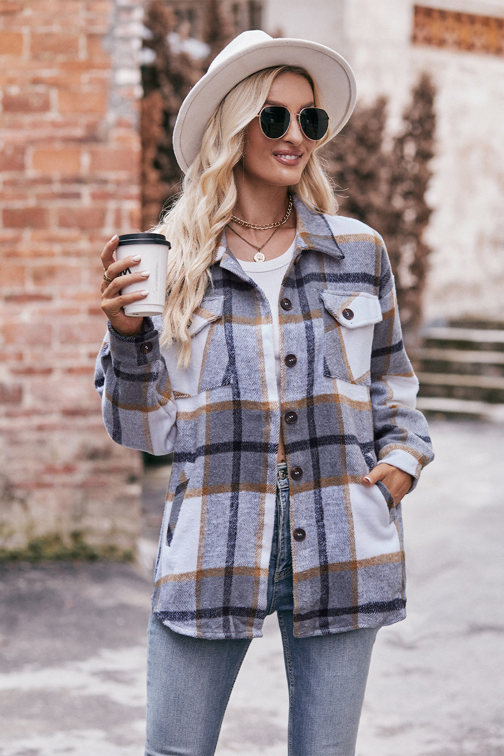 Plaid Long Sleeve Shirt Jacket with Pockets