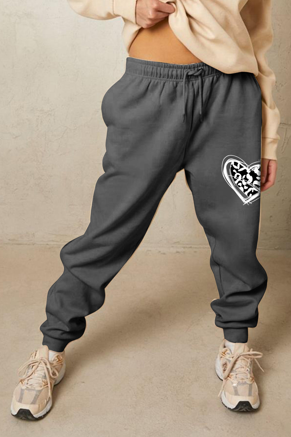 Trendsi Charcoal / S Simply Love Simply Love Full Size Drawstring Heart Graphic Long Sweatpants