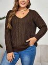 Trendsi Chocolate / 1XL Plus Size V-Neck Cable-Knit Long Sleeve Sweater