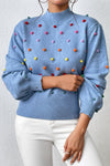 Trendsi Cobalt Blue / S Pom-Pom Trim Mock Neck Long Sleeve Pullover Sweater