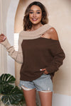 Trendsi Coffee Brown / S Asymmetrical Long Sleeve Two-Tone Cutout Sweater
