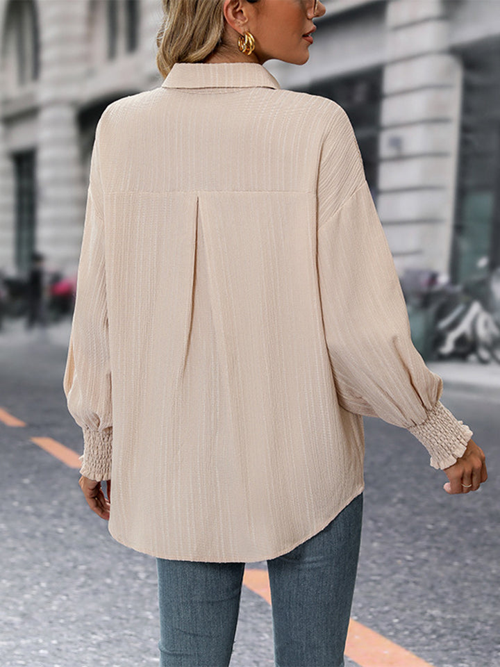 Collared Neck Long Sleeve Button-Up Blouse