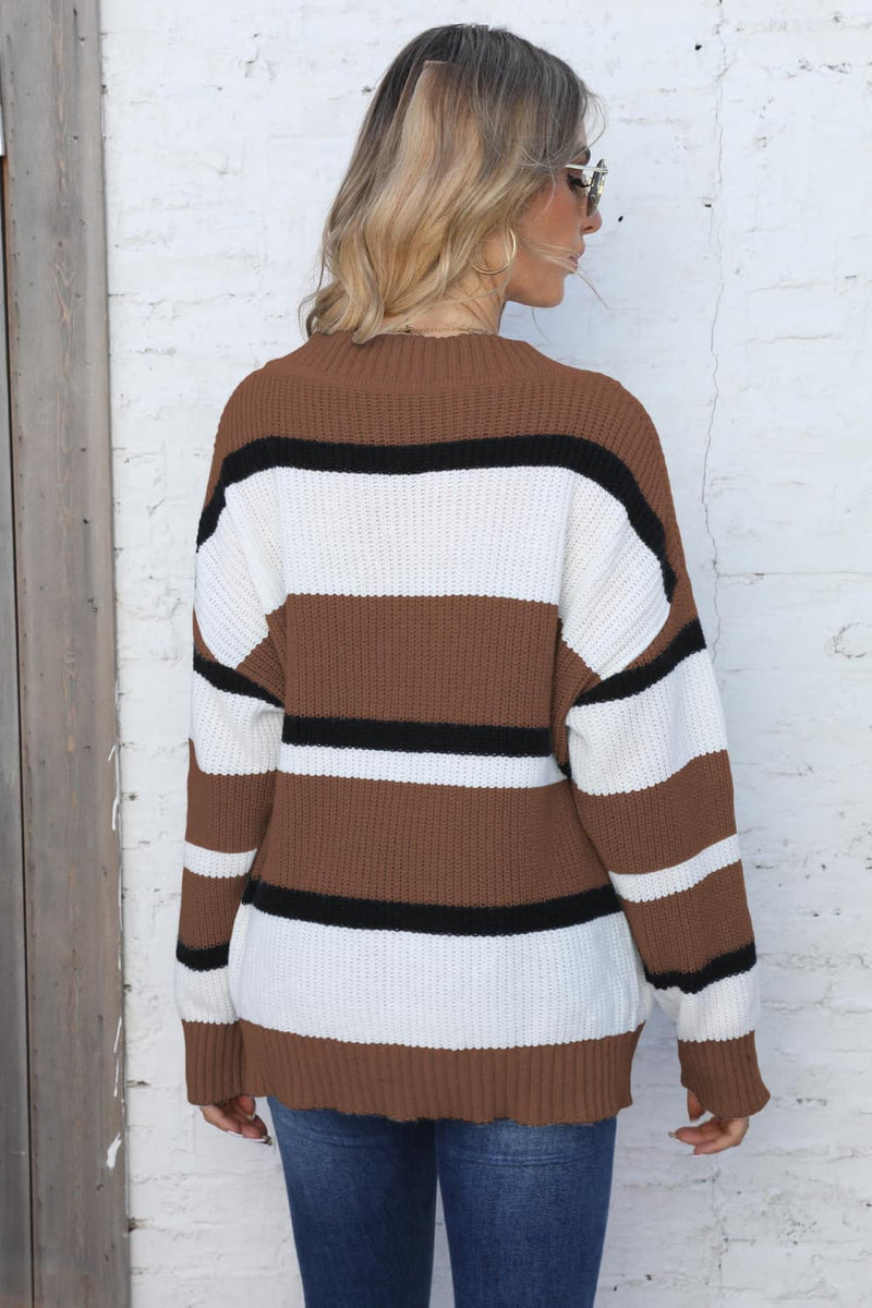 Trendsi Color Block V-Neck Dropped Shoulder Sweater